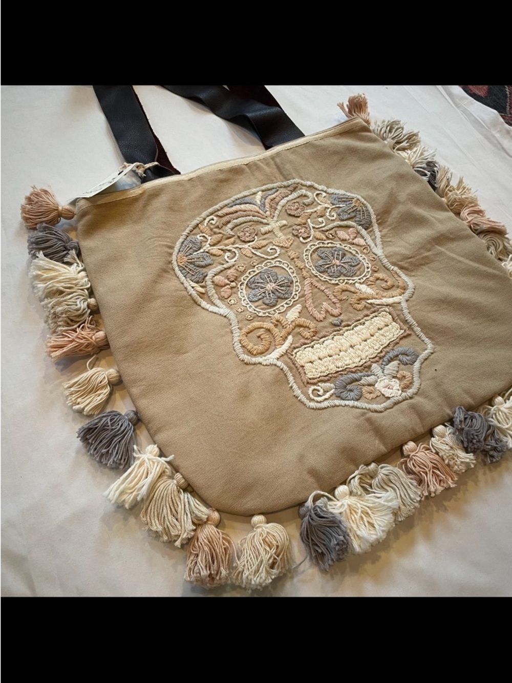 La Troupe Tulum Skull Tassel Tote Bag Bolso Calaca Verde Bordado Y - Picture 14 of 14
